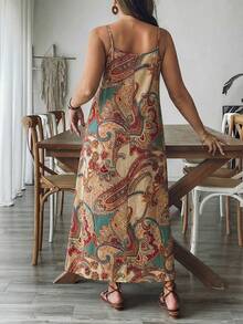 SHEIN LUNE Plus Size Women Floral Print Ruched Cami Dress, Holiday Holiday Vacation Beige Summer Boho - Multicolor - View 2