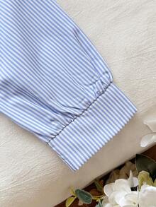 SHEIN Vintaside Kids Áo sơ mi cổ bẻ kẻ sọc hồng trắng kiểu dáng preppy dành cho bé gái tuổi teen, thích hợp cho các hoạt động thường ngày, đi học, gặp gỡ bạn bè, dự tiệc, và cả ngày Valentine. - Nhiều màu - Xem 7