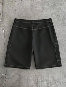 AXEPEAK Set Kemeja Pria Modis dan Serbaguna dengan Bordir Huruf, Model Kancing Tunggal, dan Celana Pendek Kasual dengan Saku - Hitam - View 9