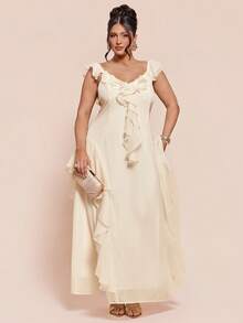 SHEIN BAE Plus Size Solid Color Minimalist Everyday Ruffle Hem Dress - Beige - View 8