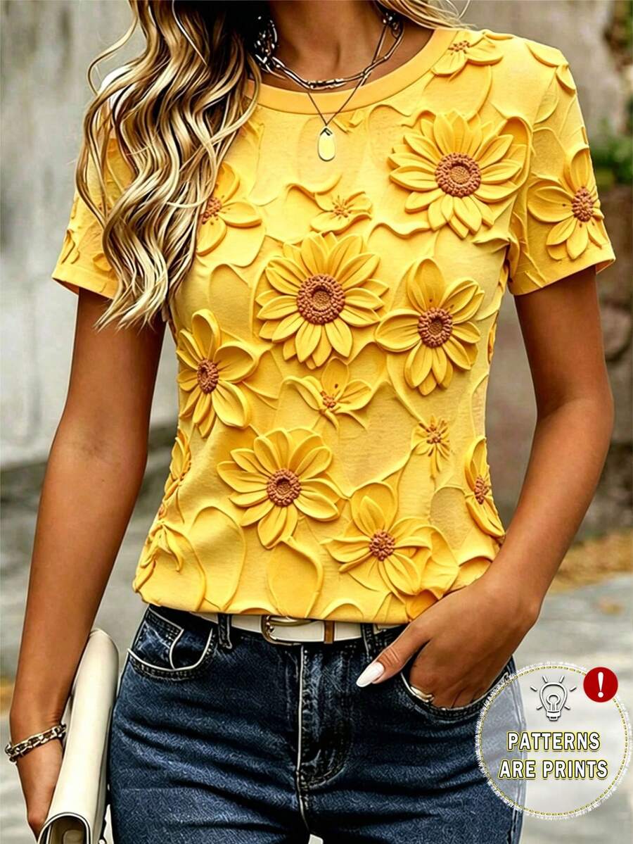 SHEIN LUNE 女士户外休闲运动上衣,夏季新品,户外休闲服,黄色,花卉3D刺绣设计,女士短袖T恤 - 彩色 - 查看 1