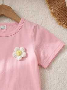 SHEIN Playful Pals 女婴3D立体花卉图案短袖T恤和格子裤休闲套装 - 粉色 - 查看 5