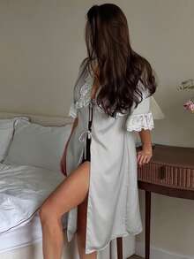 DAZY 女款優雅純色蕾絲拼接綁腰晨袍 夏季睡衣 - 灰色 - 查看 6