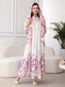 SHEIN Najma 褶皱花卉图案优雅连衣裙配头巾 - 粉色 - 查看 2
