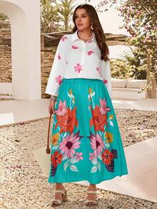 EMERY ROSE Plus Size Women Floral Print Shirt And Skirt Set, Vacation Gym Brown Autumn - Multicolor - View 5