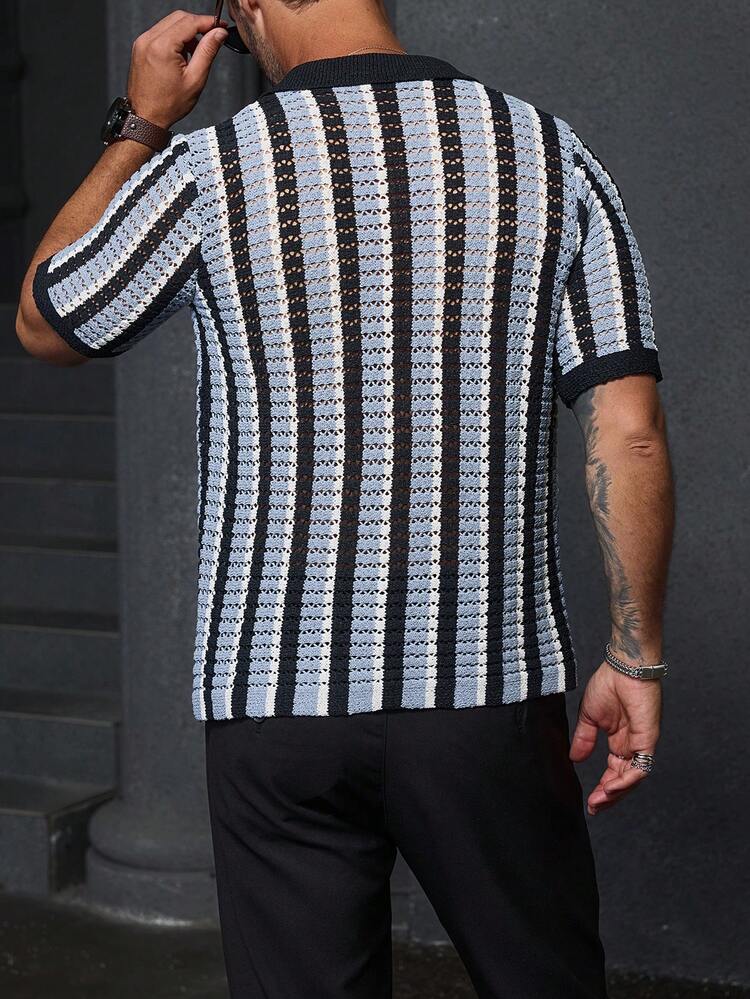 Men's Striped Cardigan Knit Top With Short Sleeves