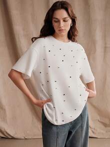 Anewsta Summer Fresh Colorful Rhinestone Embellished Fashion Women's Round Neck Loose T-Shirt - White - View 5
