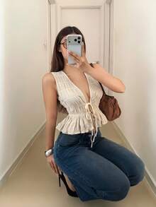 Women's Fashion Sexy Tie-Up Ruffle Hem Blouse - Apricot - View 8