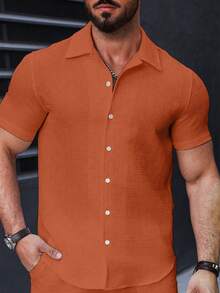 Manfinity Homme Áo sơ mi nam trơn màu mùa hè họa tiết đơn giản - trái cam - Xem 5