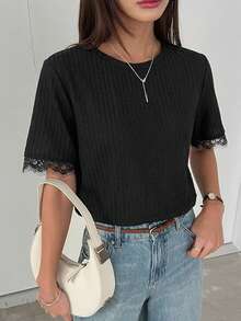 DAZY Women's Summer Round Neck Short Sleeve Lace Patchwork Casual Pullover T-Shirt - Black - View 2