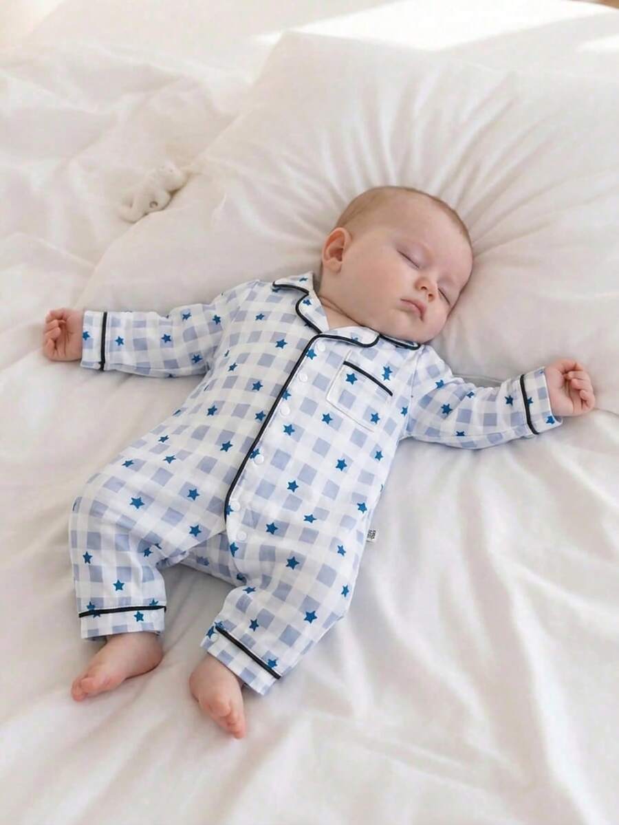 Newborn Baby Boy Vintage Kawaii Cute Plaid Heart Print Pocket Jumpsuit, Long Sleeve Pants, Casual Comfortable Sleepwear, Autumn Night Photoshoot White - Blue - View 1