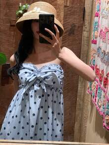 DAZY 女士休闲荷叶边波点无袖修身连衣裙 - 灰藍色 - 查看 1
