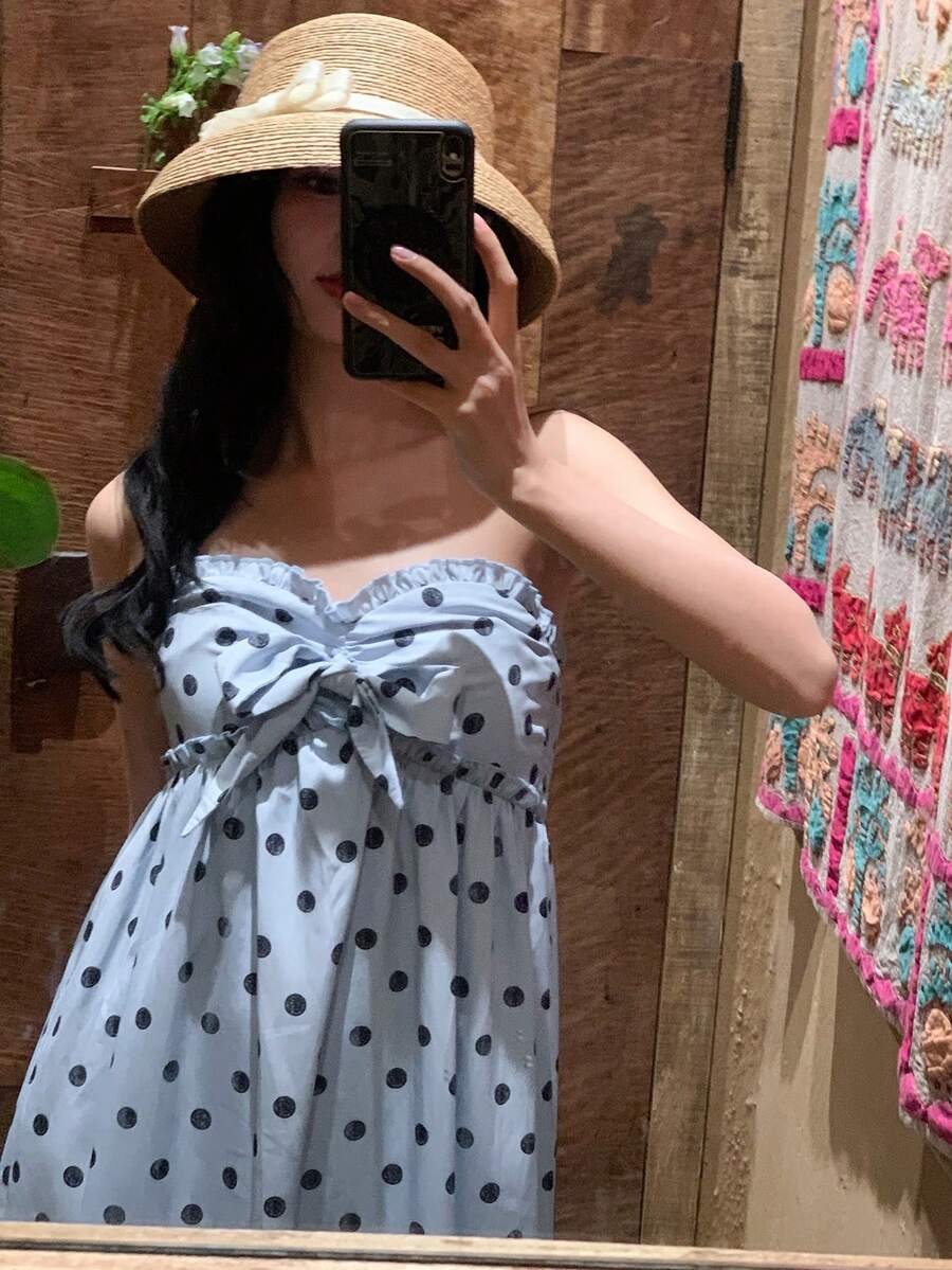 DAZY 女士休闲荷叶边波点无袖修身连衣裙 - 灰藍色 - 查看 1
