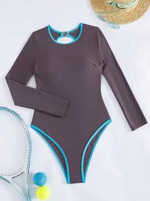 Swim SPRTY 1pc Solid Color Backless Design Women One-Piece Swimsuit - Maroon - View 3