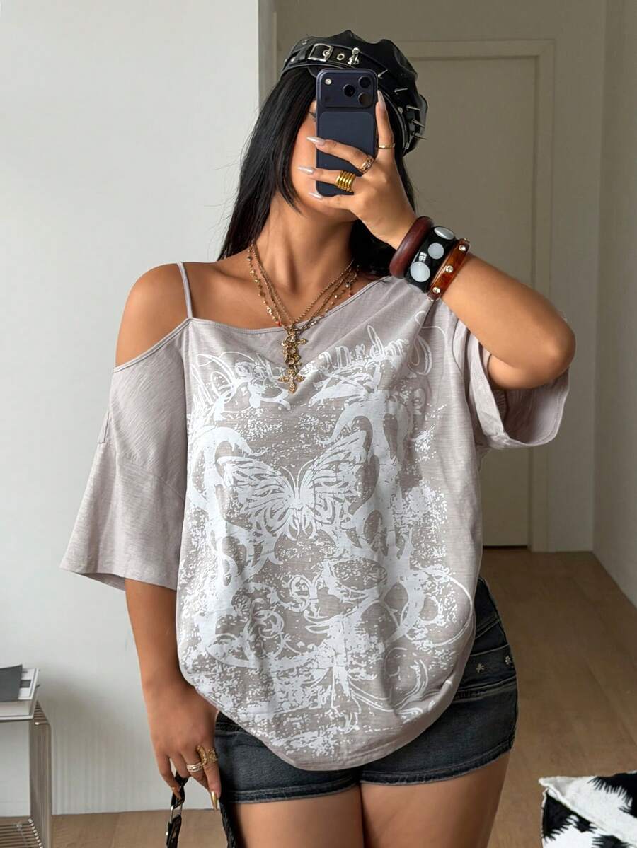 Coolane Áo thun nữ cỡ lớn mùa xuân/hè kiểu dáng Y2K Hip-Hop vintage streetwear dệt kim họa tiết số và ngôi sao, co giãn, thoải mái, cổ bất đối xứng, màu xanh navy, tay ngắn, kiểu dáng rộng rãi, thích hợp cho lễ hội âm nhạc, áo trễ vai. - Màu be - Xem 1