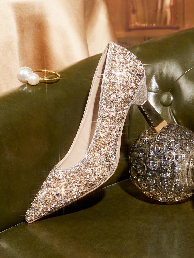 CUCCOO TILAWA Four Seasons Ladies Elegant Luxury Rhinestone High Heels Shopping Party Commuter Office Fashion Pointed Champagne Women's High Heels