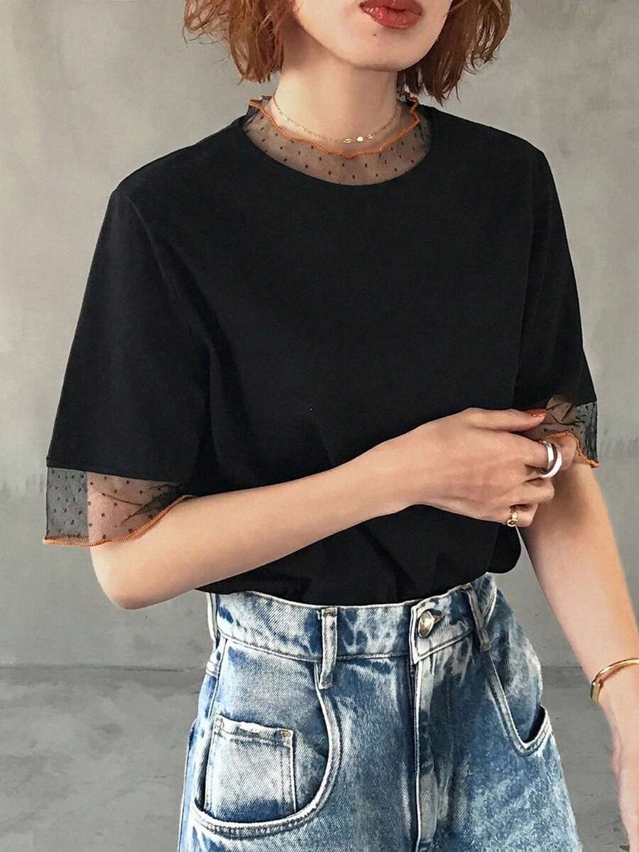 FRIFUL 女士休闲宽松透视网纱纯色T恤,春夏百搭 - 黑色 - 查看 1