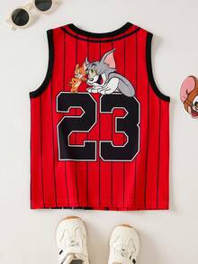 TOM & JERRY X SHEIN Tank Top Kasual Anak Laki-Laki Motif Kartun Garis-Garis Blok Warna, Musim Panas - Merah - View 2