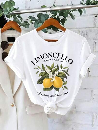 EMERY ROSE Lemon & Letter Print Short Sleeve Crew Neck T-Shirt - Soft, Breathable, Micro Elasticity, Casual Top For Summer & Spring