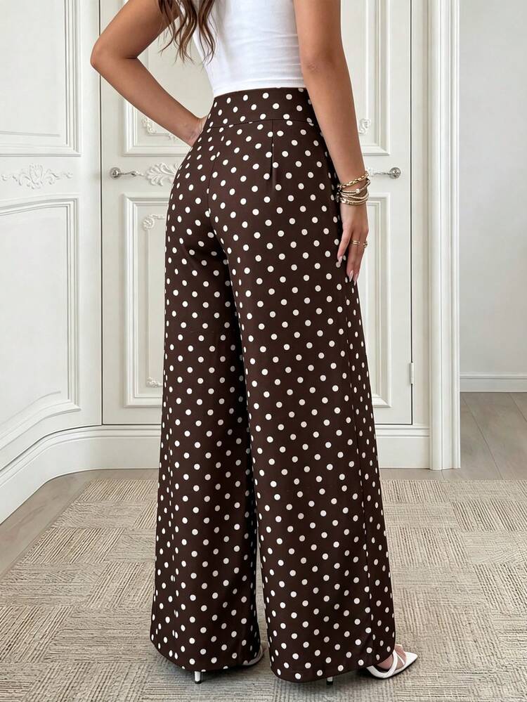 Middle-Aged & Elderly Women's Polka Dot Pattern Button Design Wide Leg Pants