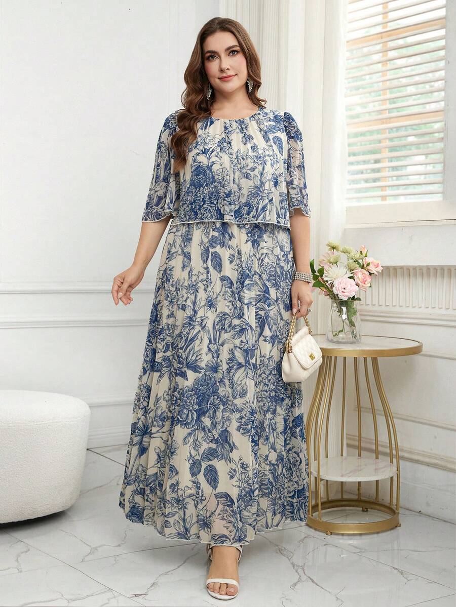 Reflora Plus Size Elegant Geometric Pleated Chiffon Summer Dress For Wedding Guest,Beige Tea Party Formal Luxury Evening Graduation Dresses For Women,Teal - Blue and White - View 1