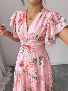 SHEIN Elenzya 荷叶边V领收腰A字印花连衣裙，优雅浪漫，适合茶会、乡村度假、旅行等场合。 - 彩色 - 查看 6