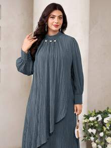 Veilorie Vestido elegante de manga larga con decoración de perlas falsas de unicolor talla grande - Azul - View 3