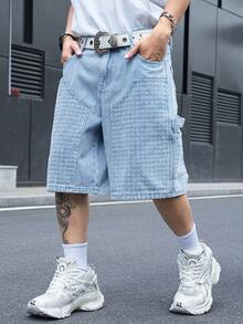 Chillumni Men's Casual Street Style Embroidered Patch Multi-Pocket Denim Blue Cargo Shorts - Light Wash - View 8
