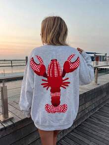 SHEIN EZwear 休闲简约度假风仿刺绣超大龙虾印花宽松圆领长袖卫衣，女士夏季上衣，适合独立日、日常通勤、约会、聚会、秋冬夏三季、圣诞节、新年、感恩节、派对、婚礼、海滩、毕业典礼、时尚、优雅、休闲、外出、约会、预订、通勤、闪亮、情人节、优雅、度假、休闲、Y2K、外出、毕业典礼等场合。 - 淺灰色 - 查看 1