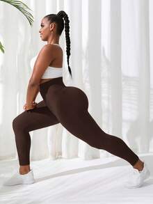 SHEIN Rhythm Era Pantalones deportivos sin costuras a rayas de talla grande - Café integral - View 6