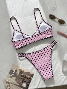 Swim Mod 棕色波点印花荷叶边可爱休闲沙滩度假女士泳装套装 - 粉色 - 查看 4