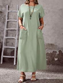 EMERY ROSE Plus Size Women's Sage Green Summer Boho Vacation Dress,Round Neck Short Sleeve Loose Fit Flowy Long Dress With Pockets,Casual Spring Holiday Outfits - Mint Green - View 4