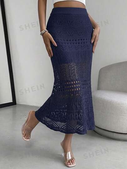 SHEIN Summer Casual Solid Color Hollow-Out Knit Skirt