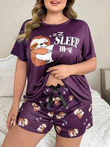 Cute Sloth Print Plus Size Pajama Set - Multicolor - View 4