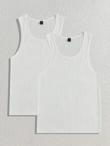 Manfinity RebelGame 2pcs Men's Summer Casual All-Match Solid Color Ribbed Knit Tank Top, Versatile For Daily Commute, Vacation, Father's Day Gifts, Football - White - View 7