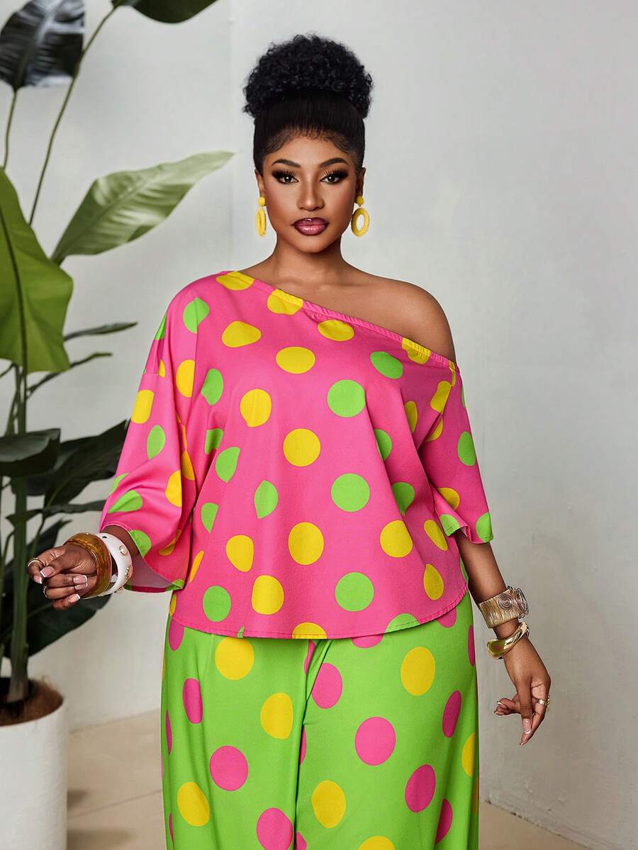 Maweii Blusa holgada de manga acampanada con cuello asimétrico y estampado de lunares amarillo-verde sobre base rosa, para mujer de talla grande. Atuendo casual de primavera/verano - Multicolor - Ver 1