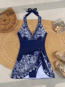 Swim Lushoire Women's Printed Halter Tie Front One-Piece Swimdress - Blue - View 3