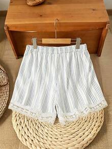 Lacomfia Shorts de talla grande para mujer con contraste de encaje y cordón en la cintura - Blanco - Ver 2