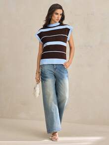 SHEIN Tall 女士条纹针织宽松休闲短袖圆领上衣 夏季 - 藍色 - 查看 5