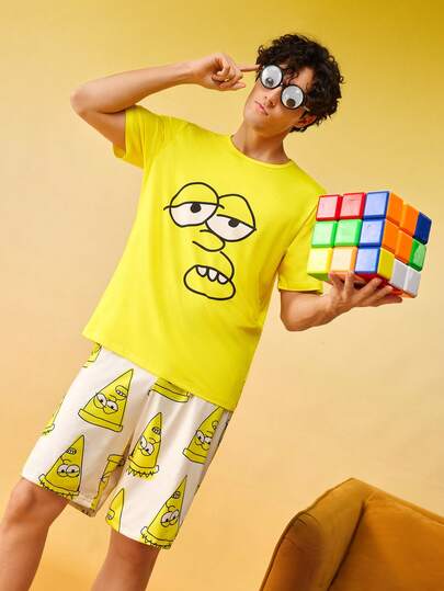 Notgurli Printed Crew Neck Short Sleeve Shorts Men's Pajama Set