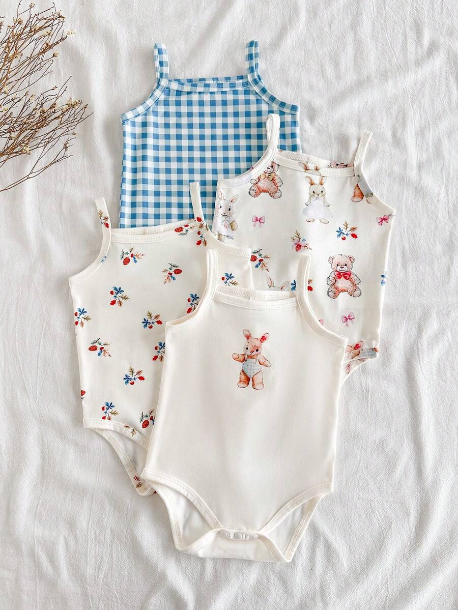 SHEIN Vintaside Kids 4件套新生女婴碎花、格子、兔子印花连体衣,舒适柔软面料,优雅乡村风格,适合春夏外出穿着 - 彩色 - 查看 1