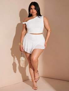 SHEIN BAE Set de 2 piezas para mujer de talla grande con top asimétrico con cuello verde oliva y volantes, y falda ajustada con volantes, conjunto para vacaciones - Blanco - Ver 4