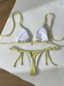 Swim Mod 女士提花面料露背金属装饰性感比基尼套装，夏季 - 綠色 - 查看 3