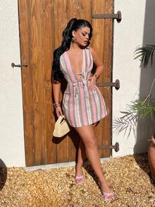 SHEIN SXY Váy ngắn không tay kẻ sọc buộc dây phía trước - Nhiều màu - Xem 9