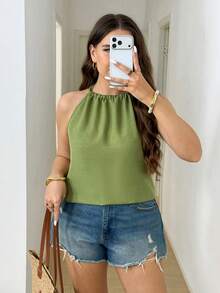 SHEIN LUNE Plus Size Women Solid Color Pleated Halter Neck Blouse - Green - View 2