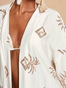 Travachic Women's Vacation Plant Pattern Loose Fit Long Sleeve Kimono Cover Up - White - View 7