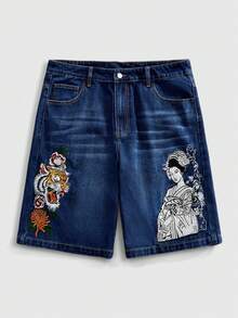 ROMWE MEN Street Life Quần short denim nam in hình hổ, có túi và khóa kéo. - Màu xanh lam - Xem 1