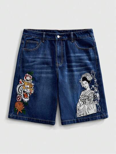 ROMWE MEN Street Life Men's Tiger Print Pocket Zipper Denim Shorts