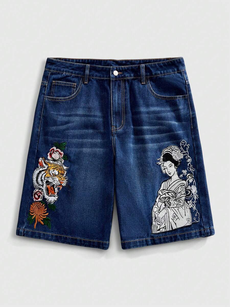 ROMWE MEN Street Life Quần short denim nam in hình hổ, có túi và khóa kéo. - Màu xanh lam - Xem 1
