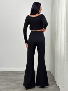 SHEIN Women's Solid Color Fashionable Zipper Button Flare Pants - Black - View 4
